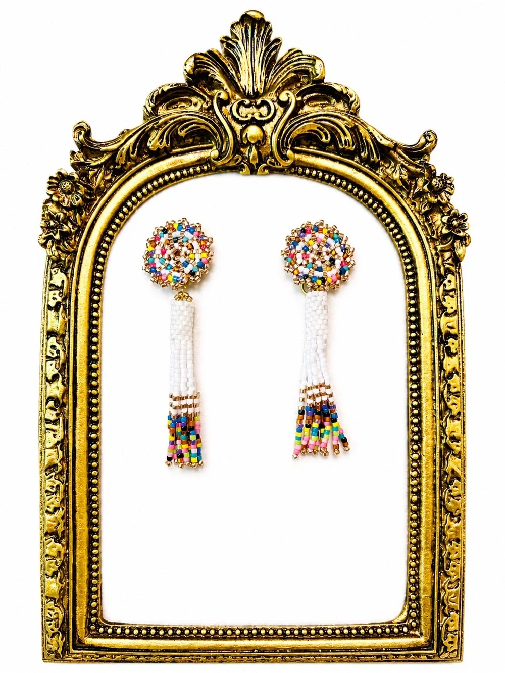 White Beaded Tassel Earrings with Multicolor Seed Beads